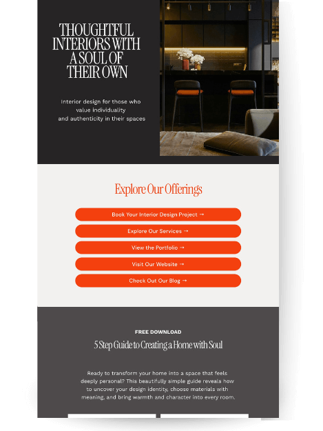 Instagram links page with a heading "Explore Our Offerings" contains a series of buttons for services, portfolio, and blog. The bottom section offers a "Free Guide" with a form for an email address.