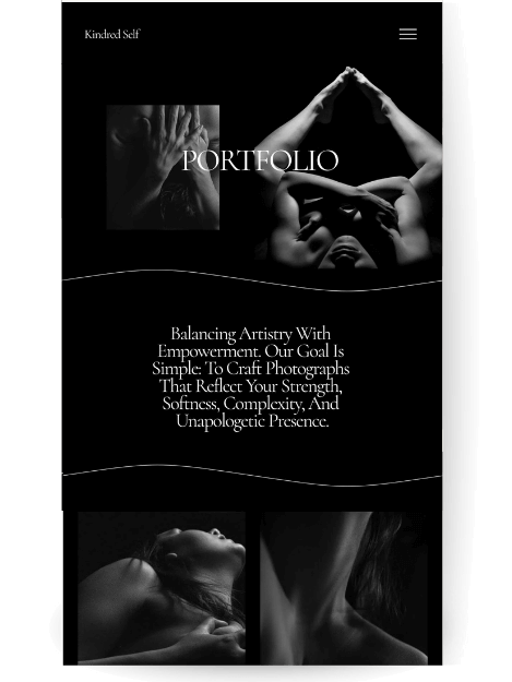 Portfolio page for a boudoir photography website template. showcasing dramatic black and white boudoir images and bold typography emphasizing empowerment, strength, and unapologetic presence.