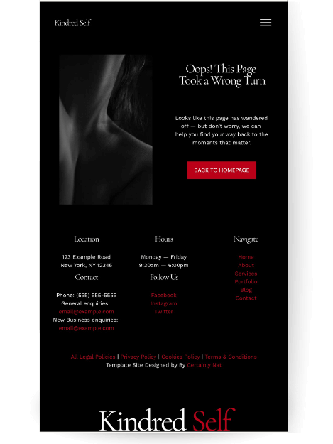 404 error page with a fine art boudoir image of a woman’s neck. The heading says, "Oops! This Page Took a Wrong Turn" and the body text explains that the page has "wandered off." A red "Return Home" button is included.