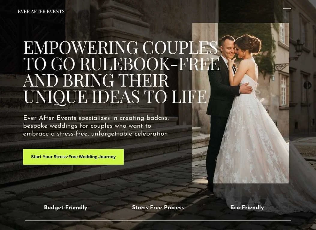 Image of the redesign StoryBrand Squarespace hero section with clear targeted messaging, a photo of a smiling bride and groom embracing that speaks to the audience and a strong call to action button.