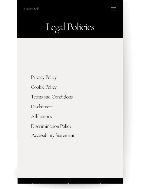 Legal policies page with a dark heading and a light background. Below the heading is a list of policies including "Privacy Policy," "Cookie Policy," "Terms and Conditions," "Disclaimers," and "Accessibility Statement."