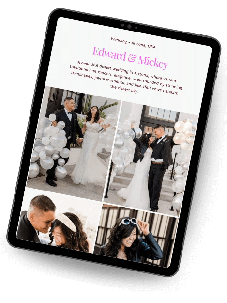 A tablet displaying a photography portfolio gallery page with the heading "Edward & Mickey." The page displays a grid of four wedding photos, including the couple with balloons, the couple laughing, a close-up, and a solo shot of the bride.