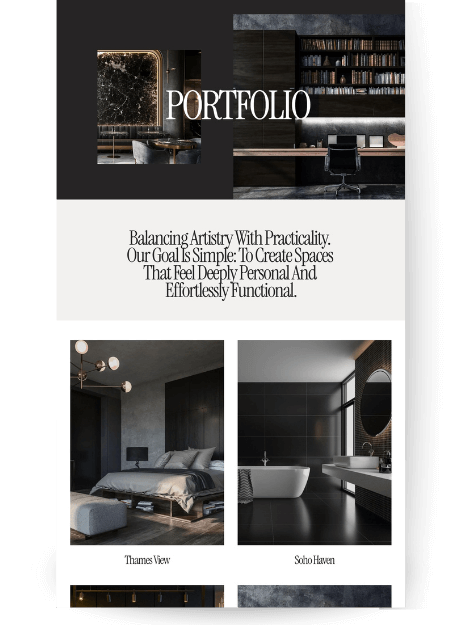Portfolio page for "Cygnet" a luxury interior design website template. The page features the heading "PORTFOLIO" and states the goal is simple: "To Create Spaces That Feel Deeply Personal And Effortlessly Functional."