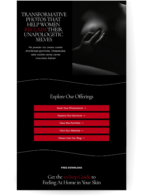 Instagram links page for luxurious boudoir photography website template with a heading "Explore Our Offerings" contains a series of buttons for services, portfolio, and blog. The bottom section offers a "Free Guide" with a form for an email address.