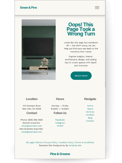A custom builder/architecture website 404 error page with the title "Oops! This Page Took a Wrong Turn." Features a photo of a modern green accent wall and a "Return Home" button.