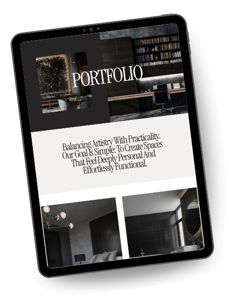 The portfolio page of a high-end interior design service website template. The dark page header features bold, white text that reads "PORTFOLIO," overlaid on images of a moody office and a luxurious dining area.