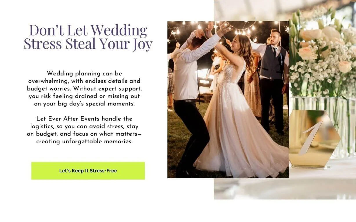 An image of a bride and groom dancing joyfully under strings of glowing lights, surrounded by smiling guests, paired with the heading 'Don't Let Wedding Stress Steal Your Joy.