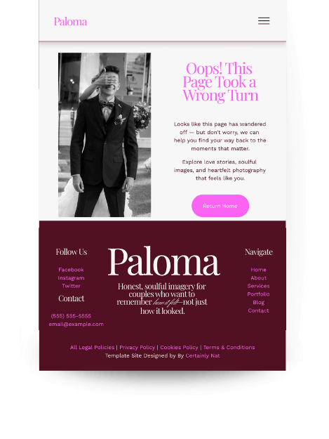 404 error page has a black and white photo of a bride covering her grooms eyes with her hands. The heading says, "Oops! This Page Took a Wrong Turn" and the body text explains that the page has "wandered off." A pink "Return Home" button is included.