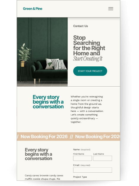 Headline: "Stop Searching for the Right Home and Start Creating It." Features a dark green velvet sofa image and a contact form with a 2026 booking notice.