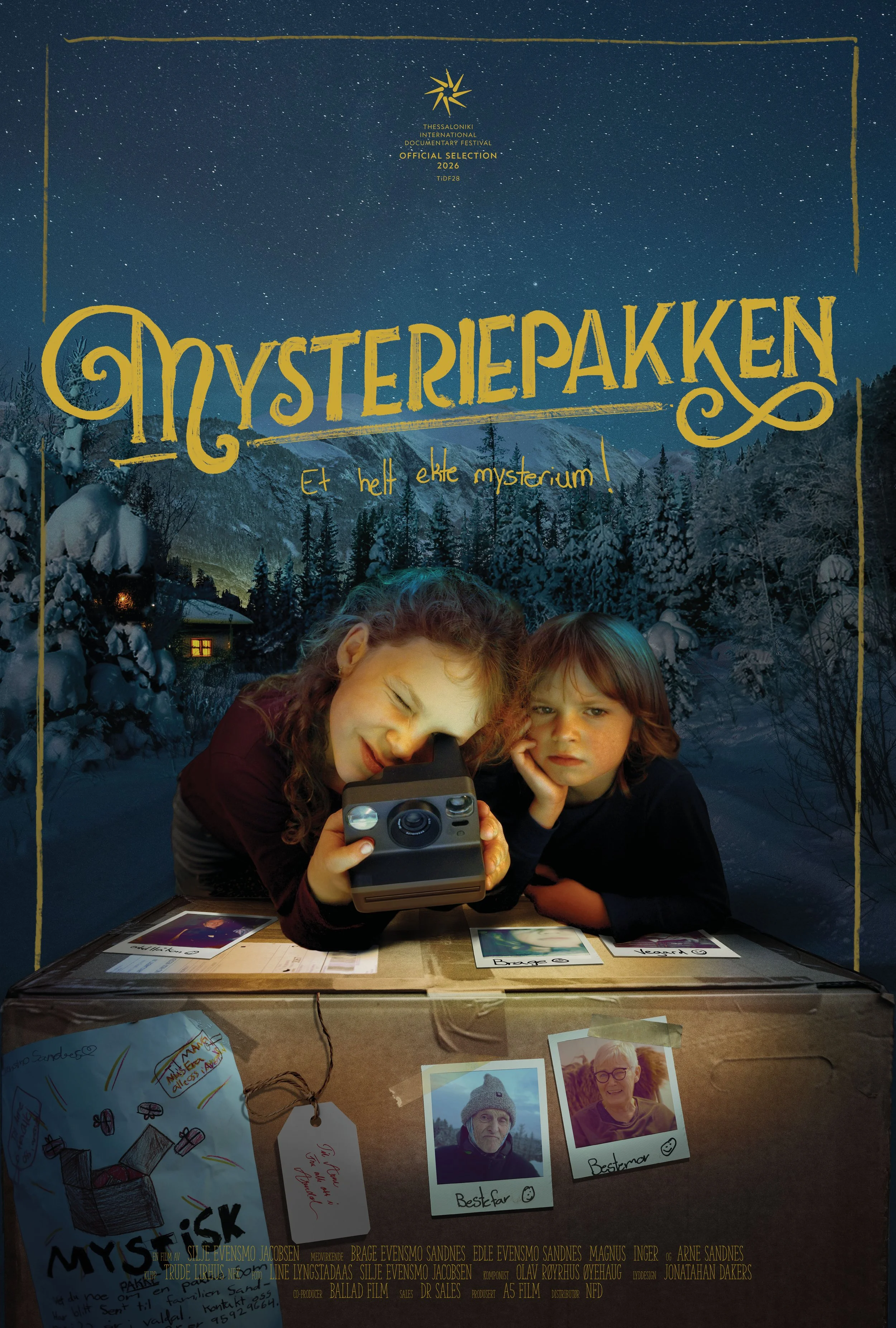 En filmplakat med bilde av et mørkt vinterlandskap. I front og senter er det avbildet to søsken. Disse barna lener seg over en pappeske med diverse bilder på seg. Hun ene i bildet holder et polaroid kamera.