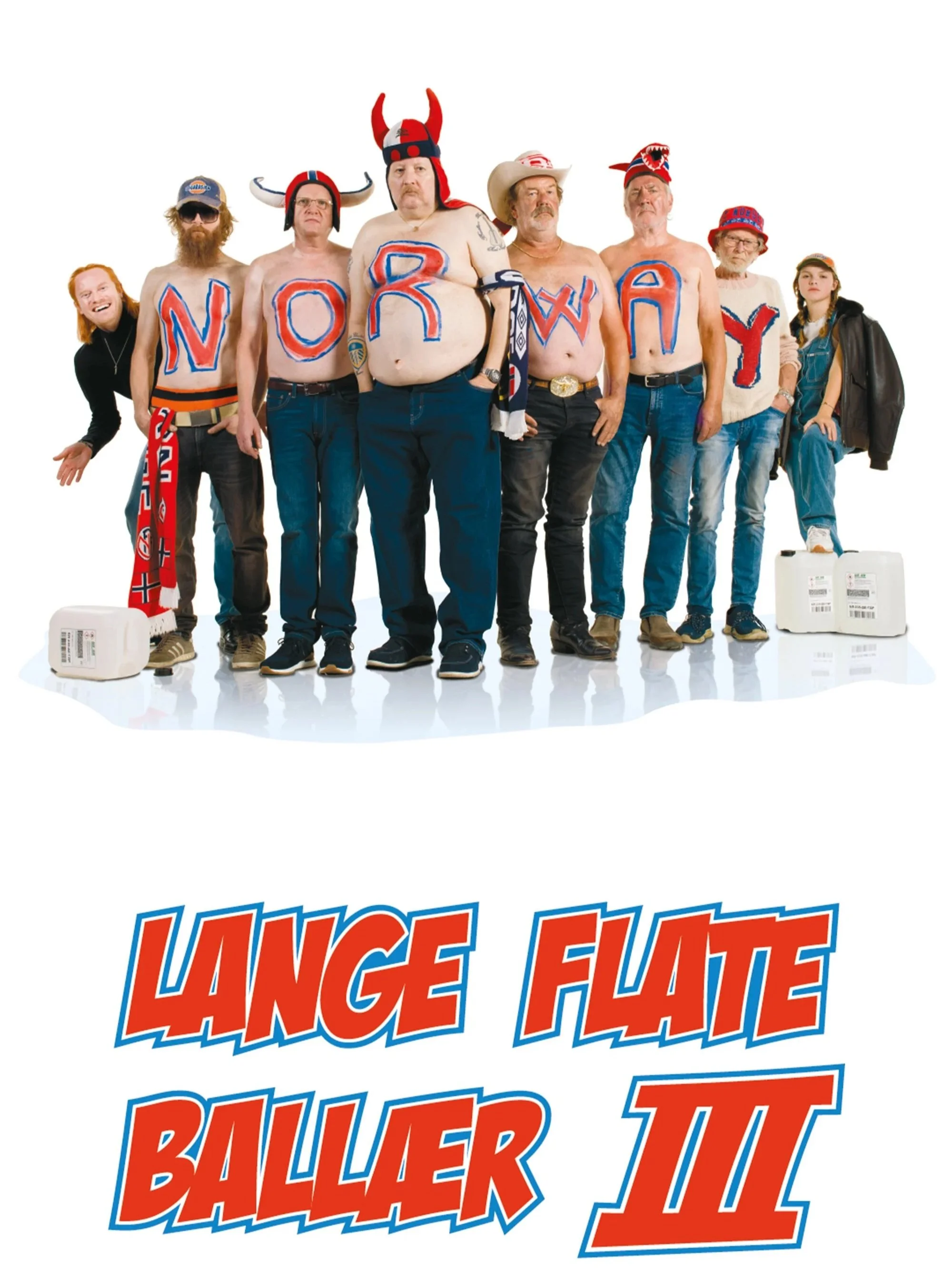 Filmplakat til "Lange Flate Ballær 3" Bildet har hvit bakgrunn med tittel i rød skrift nederst. Midt på bildet står 6 menn som staver "NORWAY" med rød maling på magen. De er toppløse og kledd i tilbehør som tilsier at de skal på fotballkamp. Mannen i