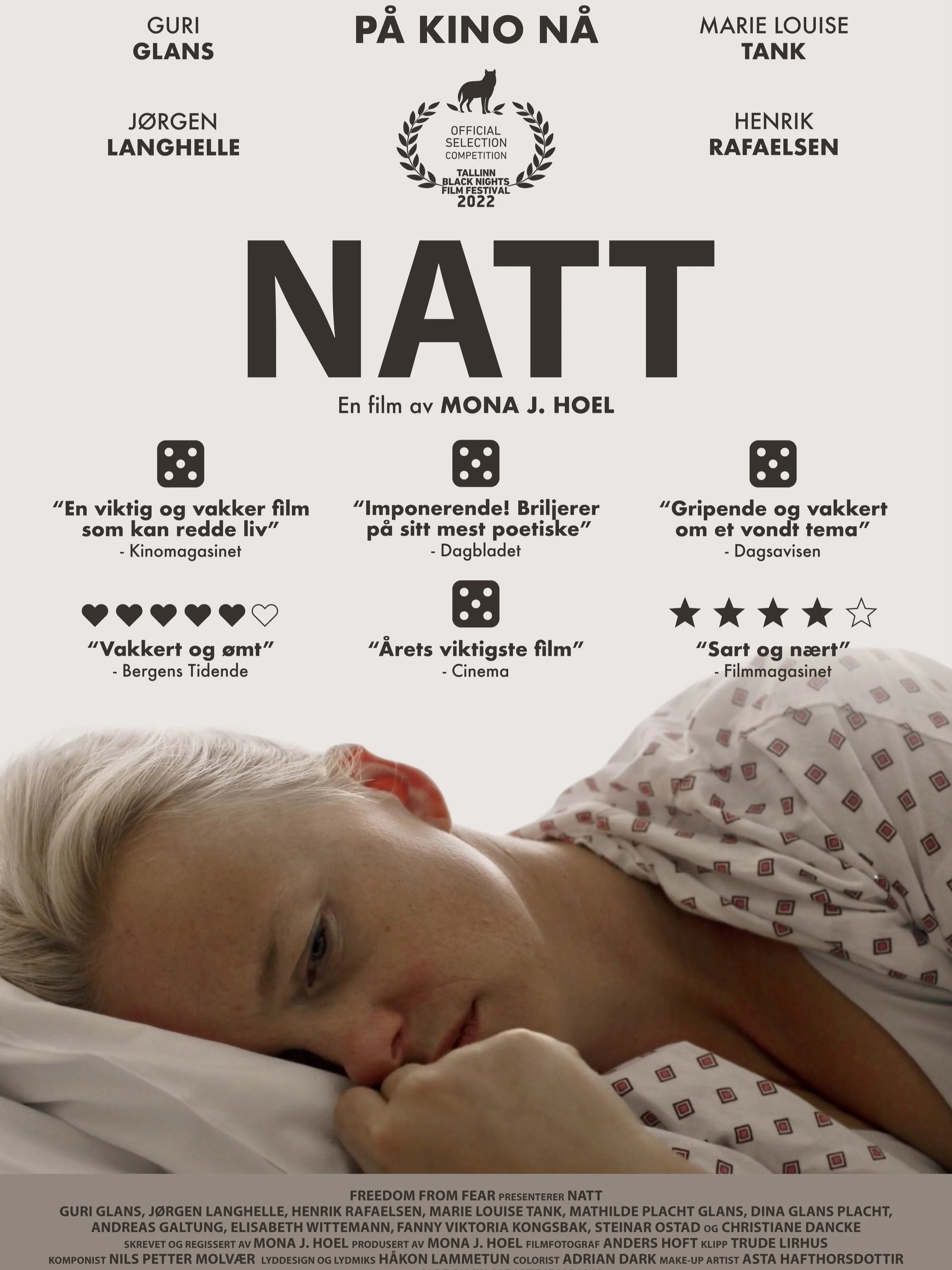 Filmplakat til "Natt". På plakaten ser man en dame som ligger på siden i en seng. Bildet er nærme og viser bare hode og skulde. Kvinnen er iført sykehusklær og ser nedstemt ut. Bildet har lite farger, mest hvit og sort.