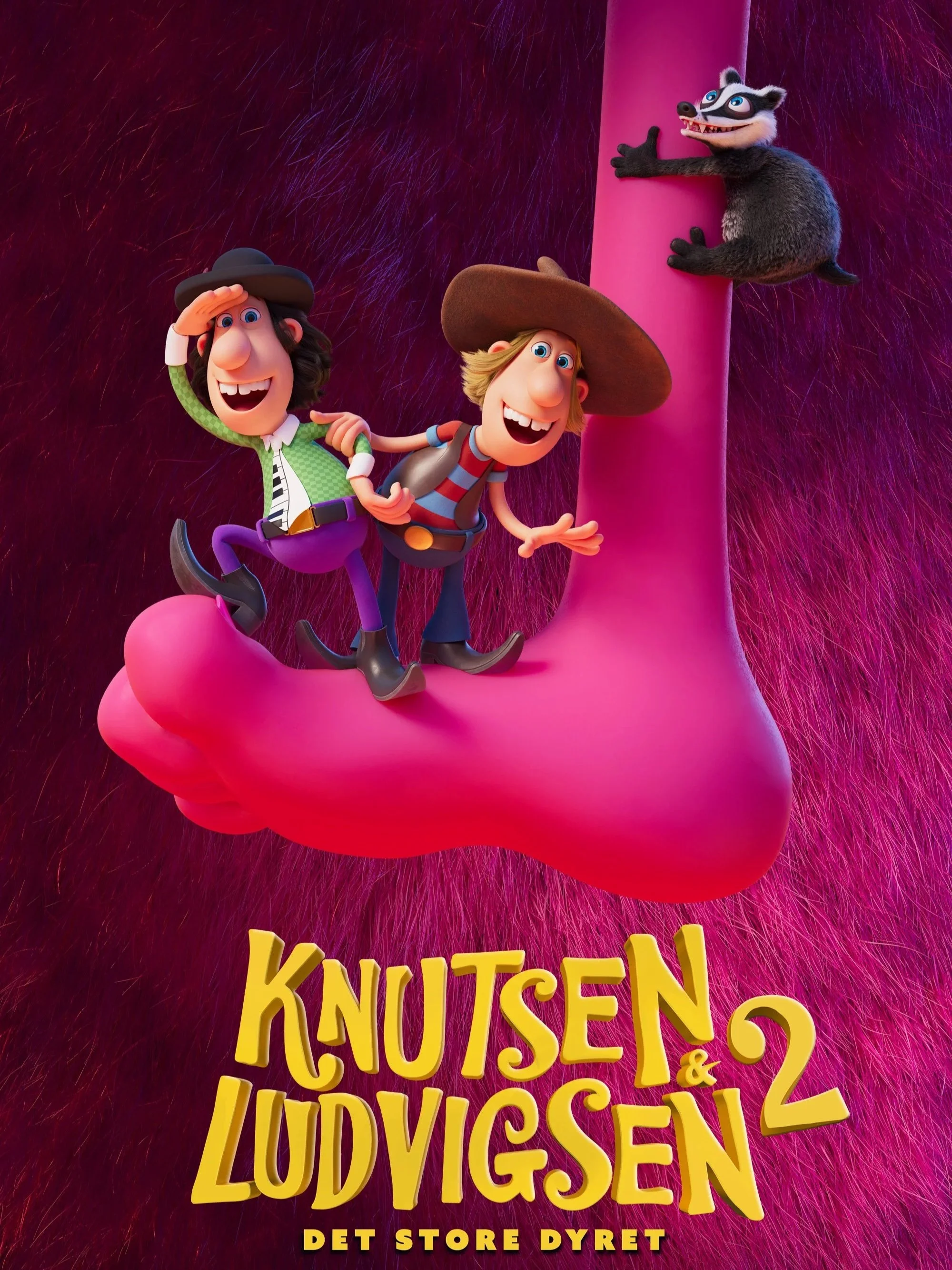 Filmplakat for "Knudsen og Ludvigsen 2" Plakaten viser to gutten, iført cowboyhatt og sko og en grevling som står oppå en stor rosa fot. I bakgrunnen er det rosa pels. Tittelen er nederst på plakaten i gul skrift.