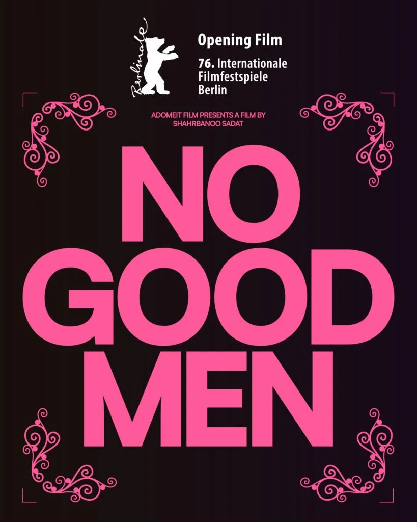 Sort filmplakat med stor rosa skrift med tittelen på filmen "NO GOOD MEN".