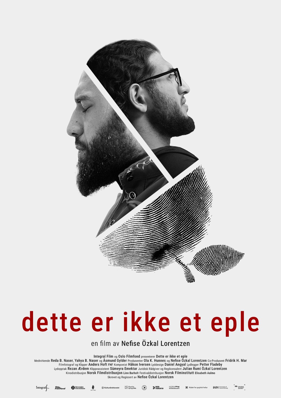 Filmplakat for dokumentarfilmen "Dette er ikke et eple". Det er bilde av to brødre som har på Lif Laga t-skjorter. Mannen til høyre har mørkt krøllete hår, han har på solbriller. Mannen til venstre har håret i en "man bun".