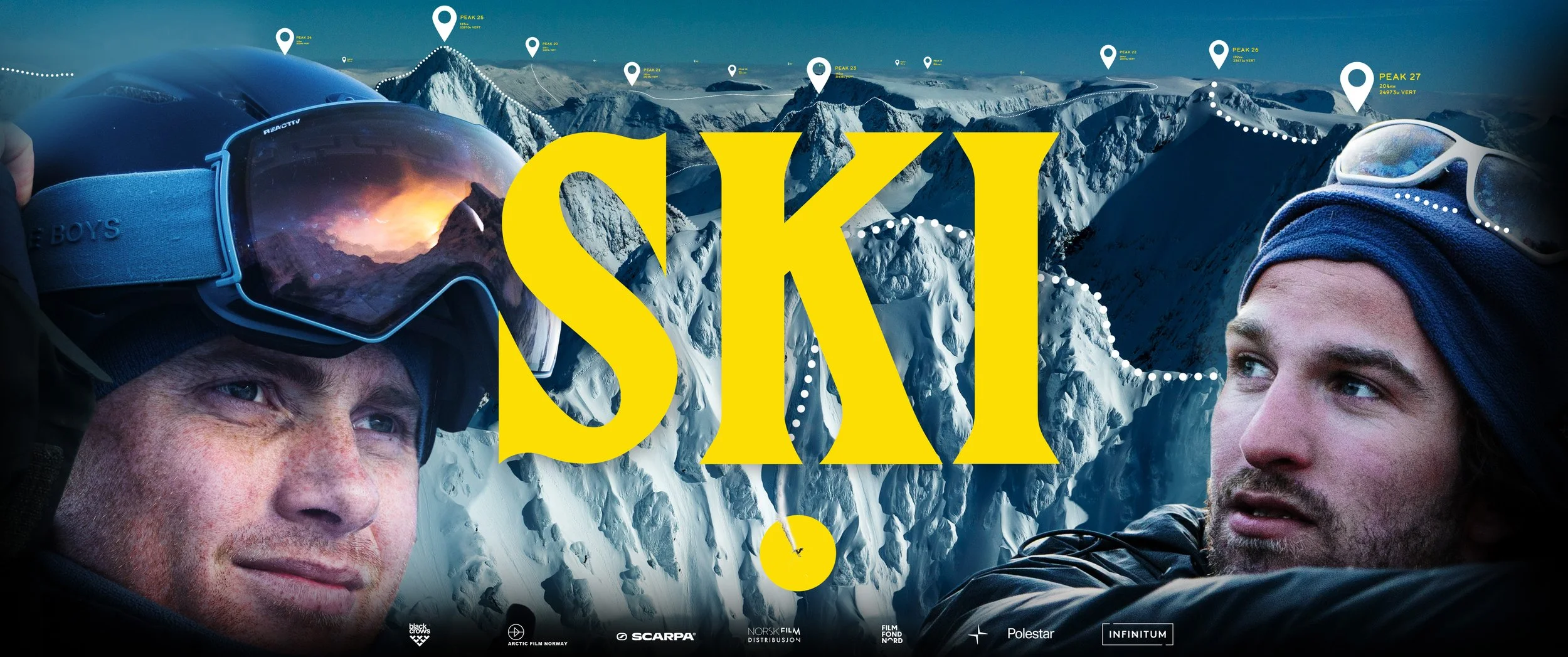 Filmplakat for filmen "SKI". På plakaten er det bilde av to menn med slalåm utstyr. Til venstre er det en mann med hjelm og slalåm bilder på hjelmen. Til høyre er det en mann med lue og solbriller på. I bakgrunnen er det bildet av ulike fjelltopper. 