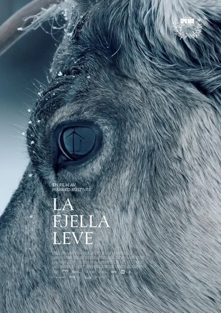 En filmplakat for filmen La Fjella Leve. Nærbilde av øyene til et reinsdyr. Det er mørke toner med blått. I refleksjonen på øyet til reinsdyret er det en vindmølle.