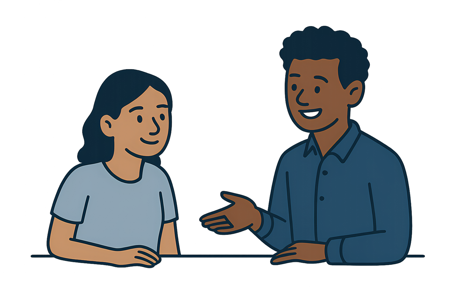 A teacher and a student talking at a table during a first conversation