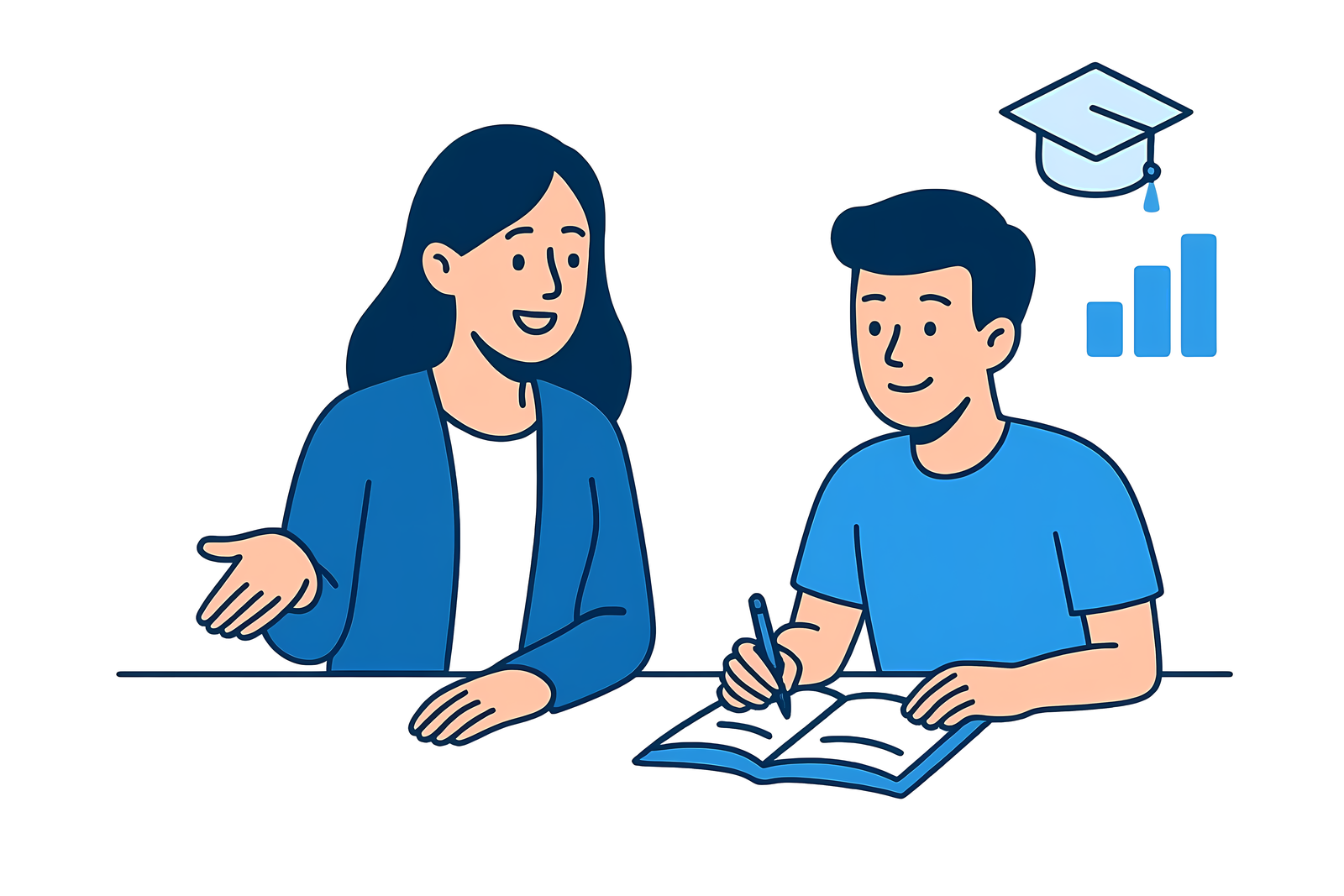 A teacher and a student working side by side at a table, the student writing in a notebook