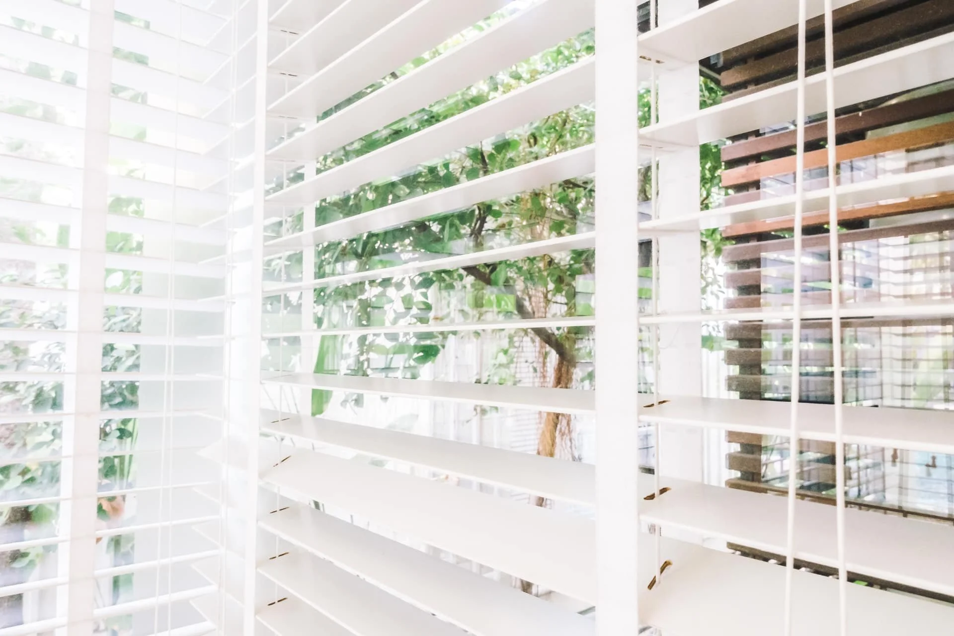 faux wood blinds open to let sunlight in