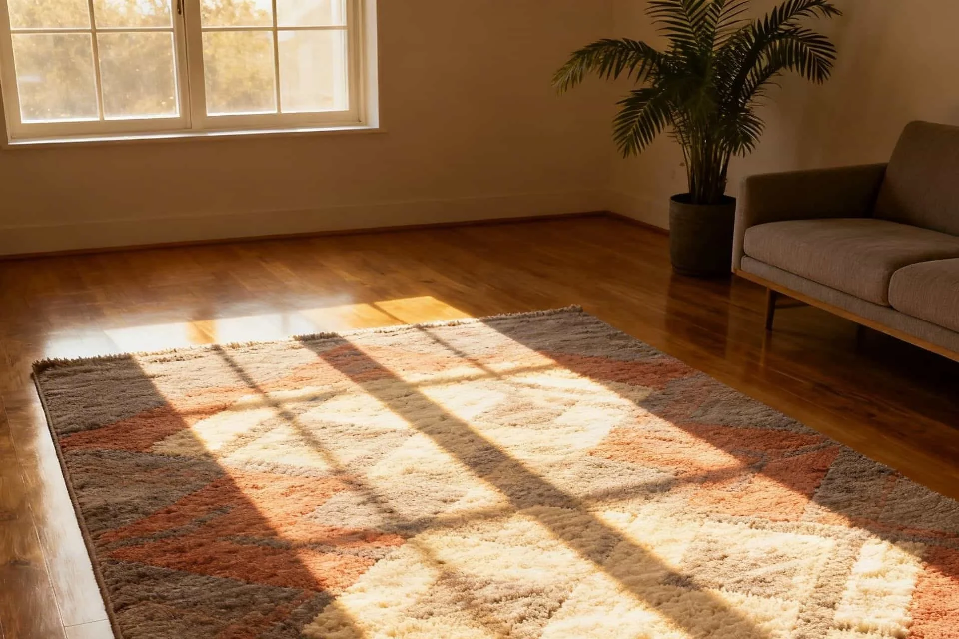 Sun coming in through the window shining on an area rug