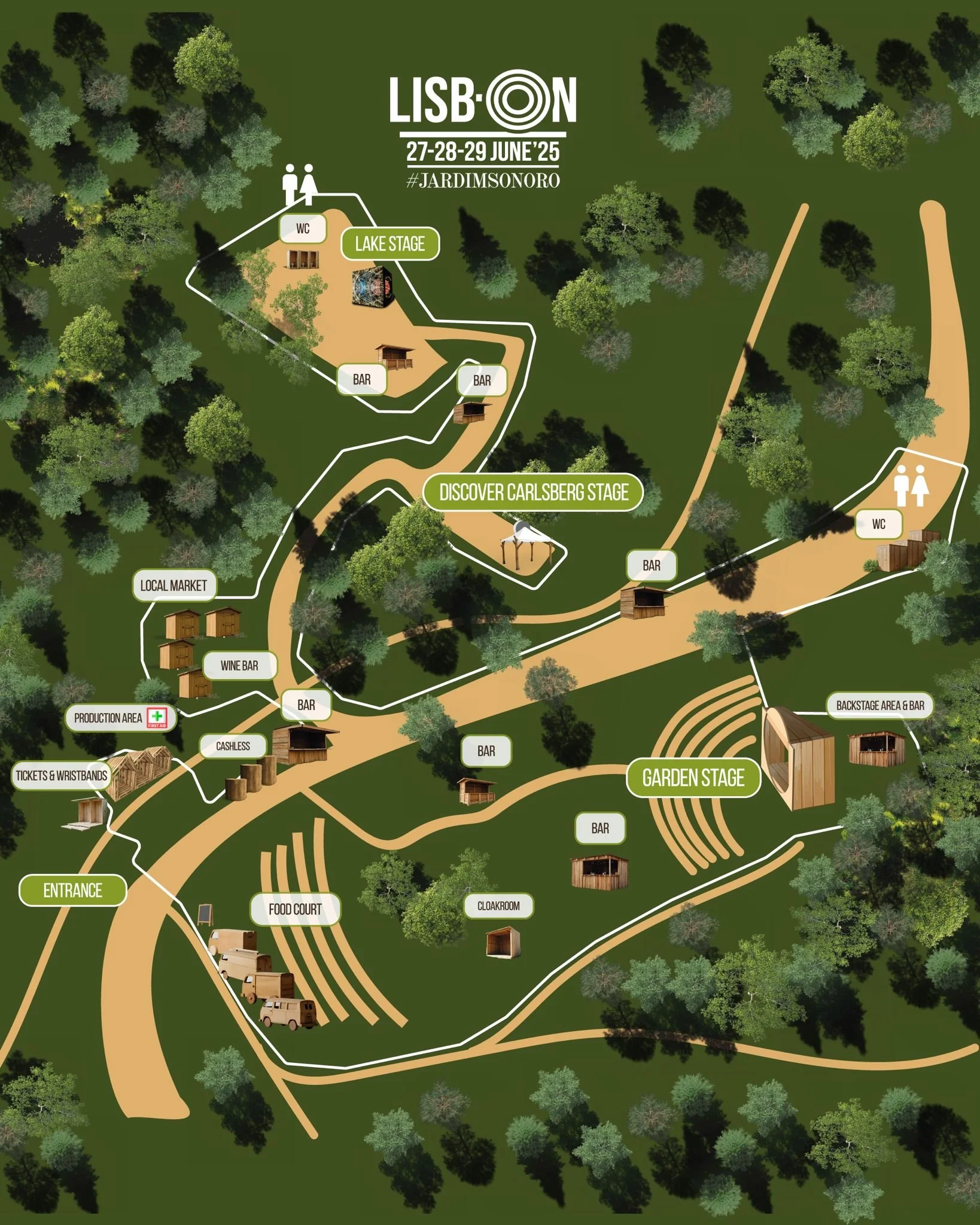 Mapa do festival em Lisboa com áreas de palco, banheiros, bares, mercado local, entrada, food court, backstage e áreas de produtos, rodeado por árvores.