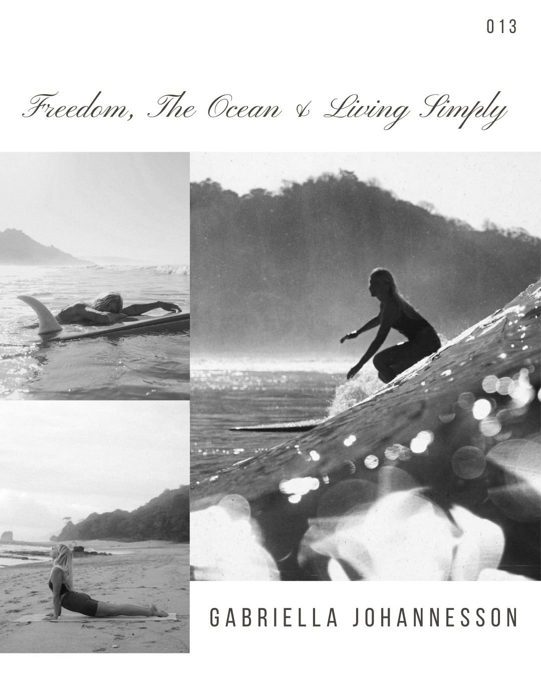 Book cover titled "Freedom, The Ocean & Living Simply" by Gabriella Johannesson, featuring black and white photos of women engaging in ocean and beach activities including surfing and yoga.