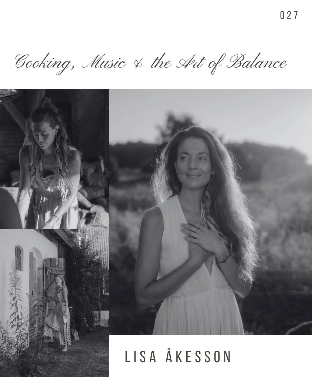 Book cover titled "Cooking, Music & the Art of Balance" by Lisa Åkesson, featuring black and white photos of a woman in different outdoor settings, with one photo showing her with hands on her chest, smiling.