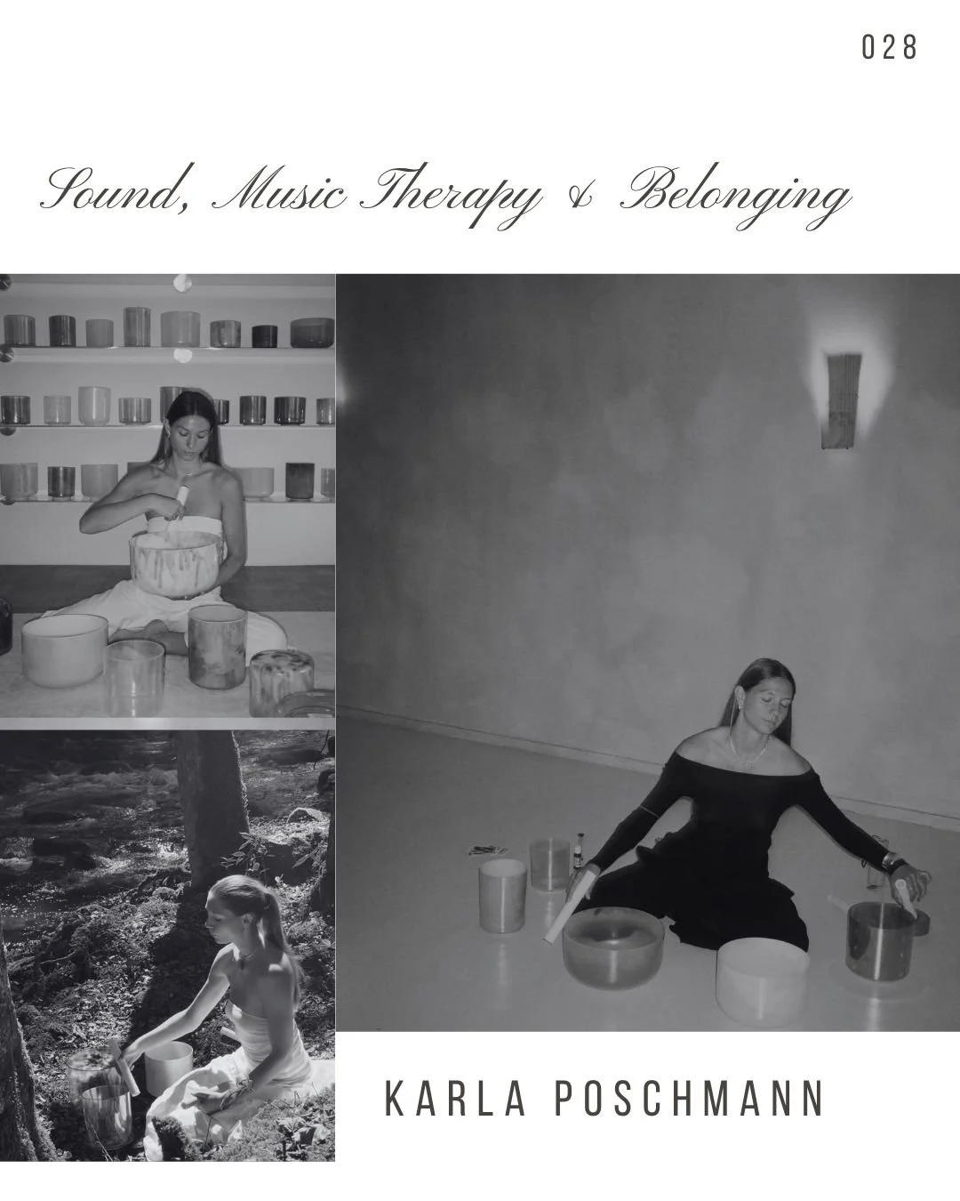 Book cover titled 'Sound, Music Therapy & Belonging' by Karla Poschmann. The cover features three black and white images of a woman with long hair. In one, she is sitting cross-legged playing crystal bowls, in another, she is sitting outdoors by a ri