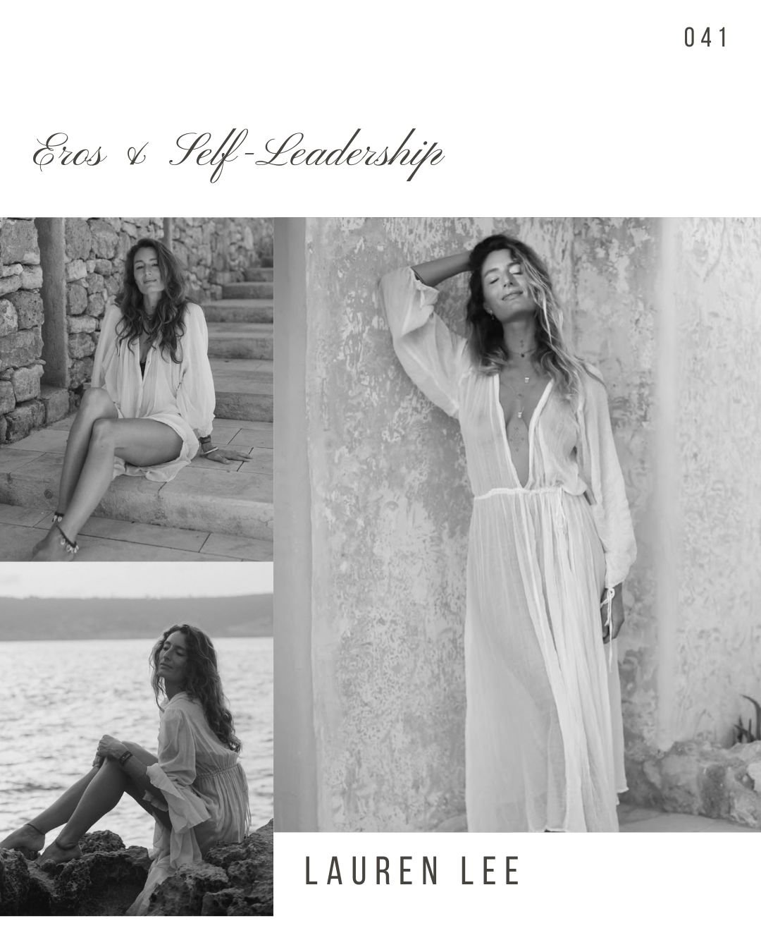 Black and white collage of three photos of Lauren Lee. Top left shows her sitting on stairs against a stone wall, wearing a light dress with one leg crossed. Bottom left shows her sitting on rocks near water, looking at the camera. Right shows her st