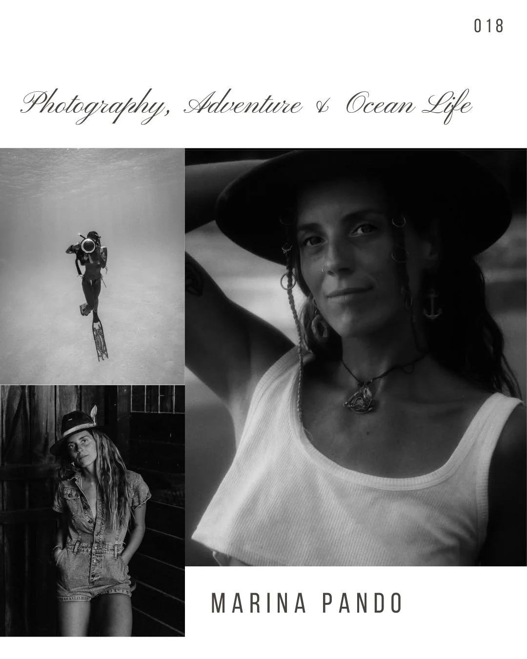 Book cover titled "Photography, Adventure & Ocean Life" featuring black and white photos of a woman in different settings, including underwater, outdoors, and indoors, with the author name Marina Pando.