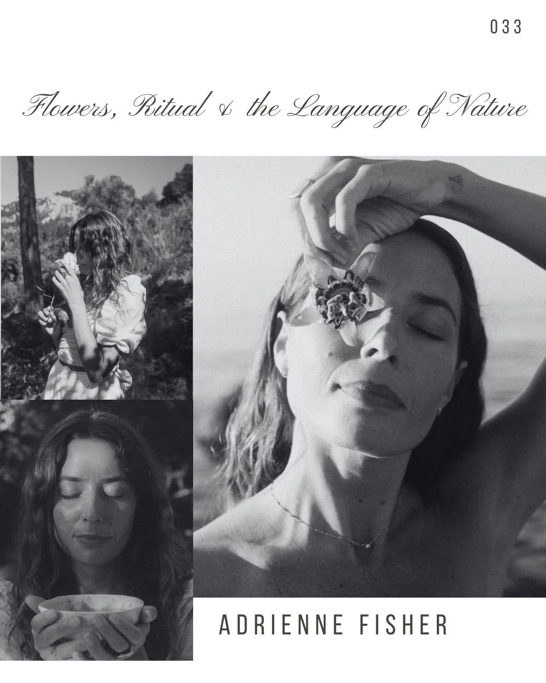 Book cover titled 'Flowers, Ritual & the Language of Nature' by Adrienne Fisher, featuring black and white photographs of women, one holding a flower, one with eyes closed, and one holding a bowl, arranged in a collage style.