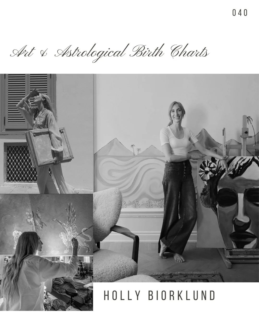 Book cover titled 'Art & Astrological Birth Charts' by Holly Biorklund, featuring black-and-white photos of women creating art and astrology-themed murals.