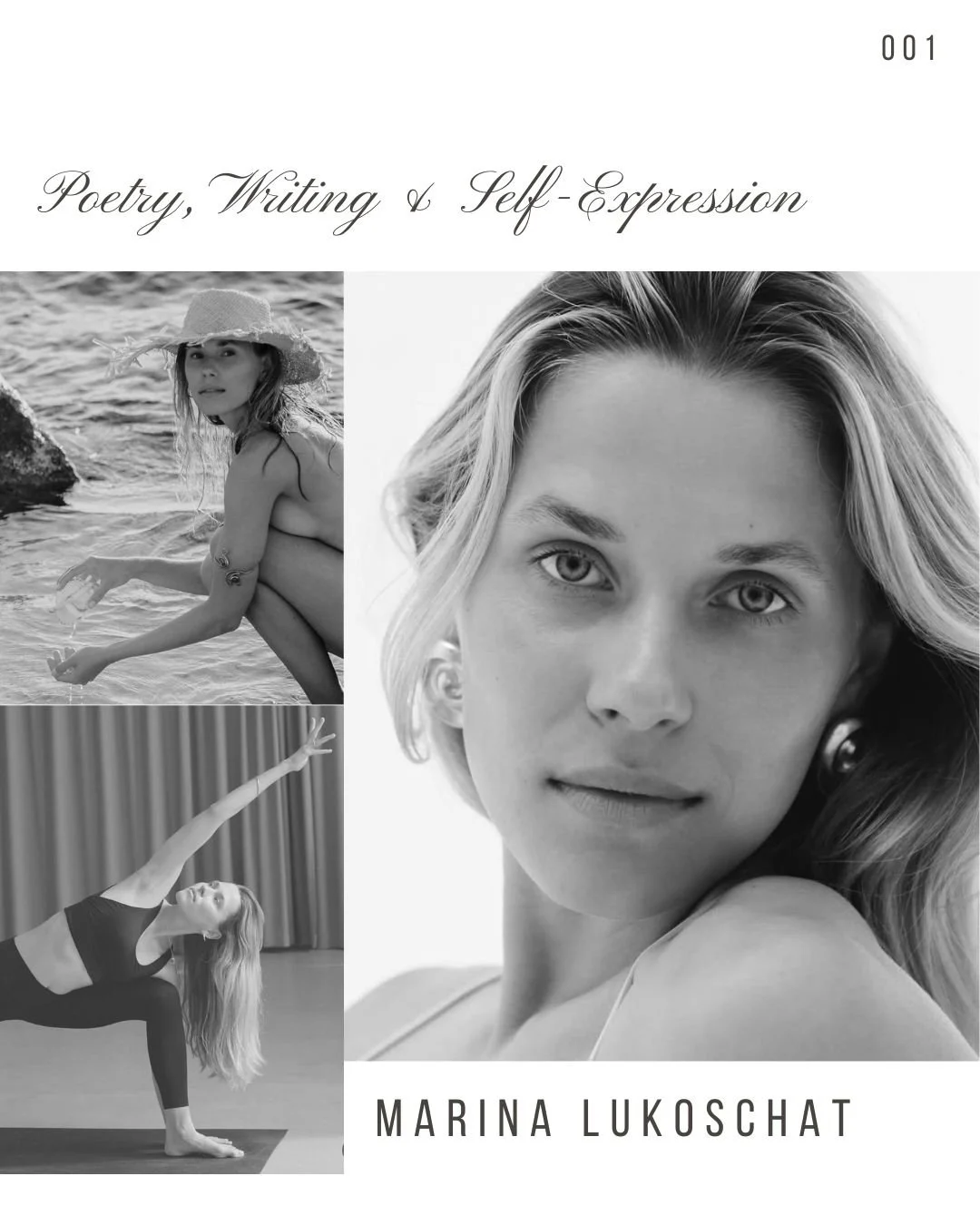 Book cover titled "Poetry, Writing & Self-Expression" by Marina Lukoschat, featuring three black and white photographs of women in various poses: a woman in a hat by the water, a close-up portrait of a woman, and a woman practicing yoga.
