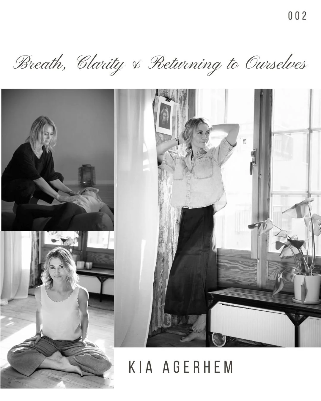 Book cover titled 'Breath, Clarity & Returning to Ourselves' by Kia Agerhem, featuring black and white photos of a woman practicing yoga and posing in a relaxed manner.