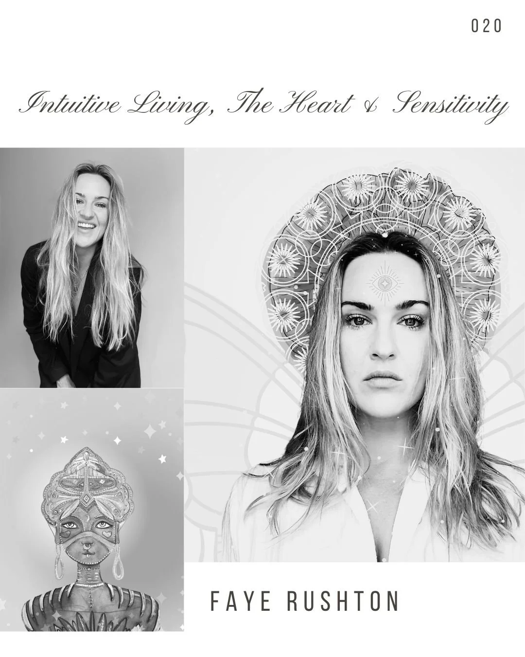 Book cover titled 'Intuitive Living, The Heart & Sensitivity' by Faye Rushton. The cover features a black-and-white portrait of a woman with long, wavy hair, looking directly at the camera with a serious expression. There are artistic illustrations i