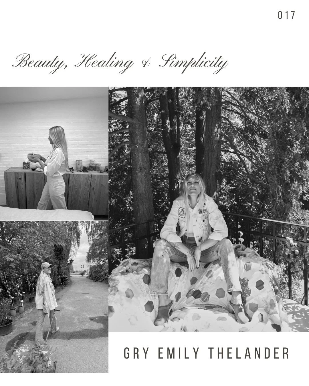 Book cover titled "Beauty, Healing & Simplicity" by Gry Emily Thelander featuring black-and-white photos of a woman in different outdoor settings, including sitting on a bed in the woods, standing on a path with plants, and inspecting plants with a g