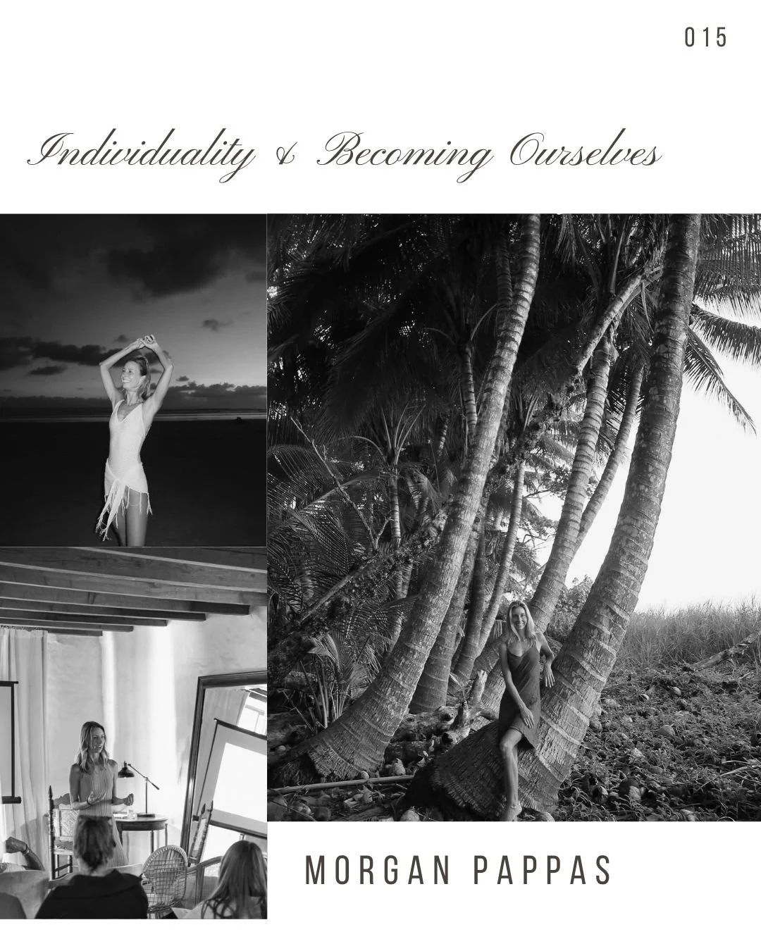 Book cover titled 'Individuality & Becoming Ourselves' by Morgan Pappas, featuring black and white photos of a woman in a swimsuit on a beach at sunset, a woman giving a presentation indoors, and a woman leaning against palm trees in a tropical setti