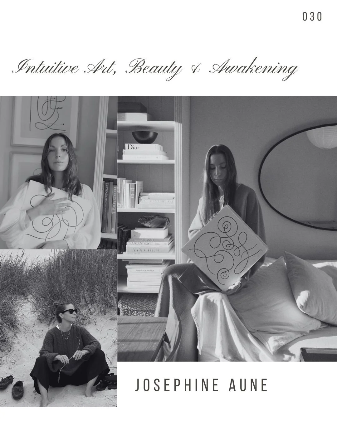 Book cover titled "Intuitive Art, Beauty & Awakening" by Josephine Aune, featuring black-and-white photographs of women in artistic and relaxed settings.