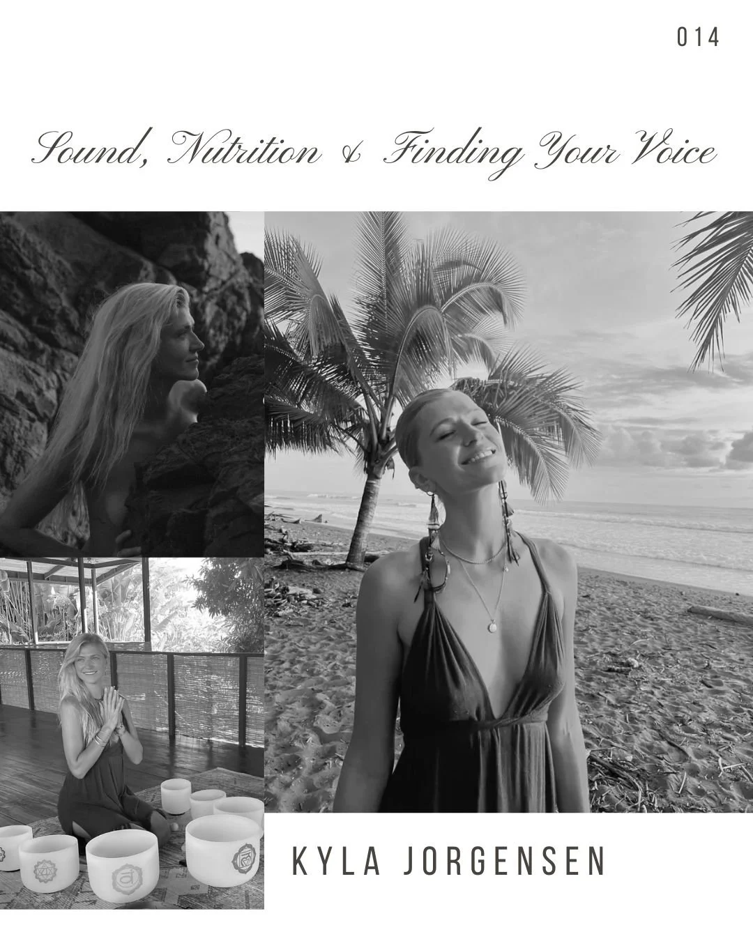 Book cover titled 'Sound, Nutrition & Finding Your Voice' by Kyla Jorgensen, featuring a collage of black and white photos of a woman in various peaceful, nature-filled settings.