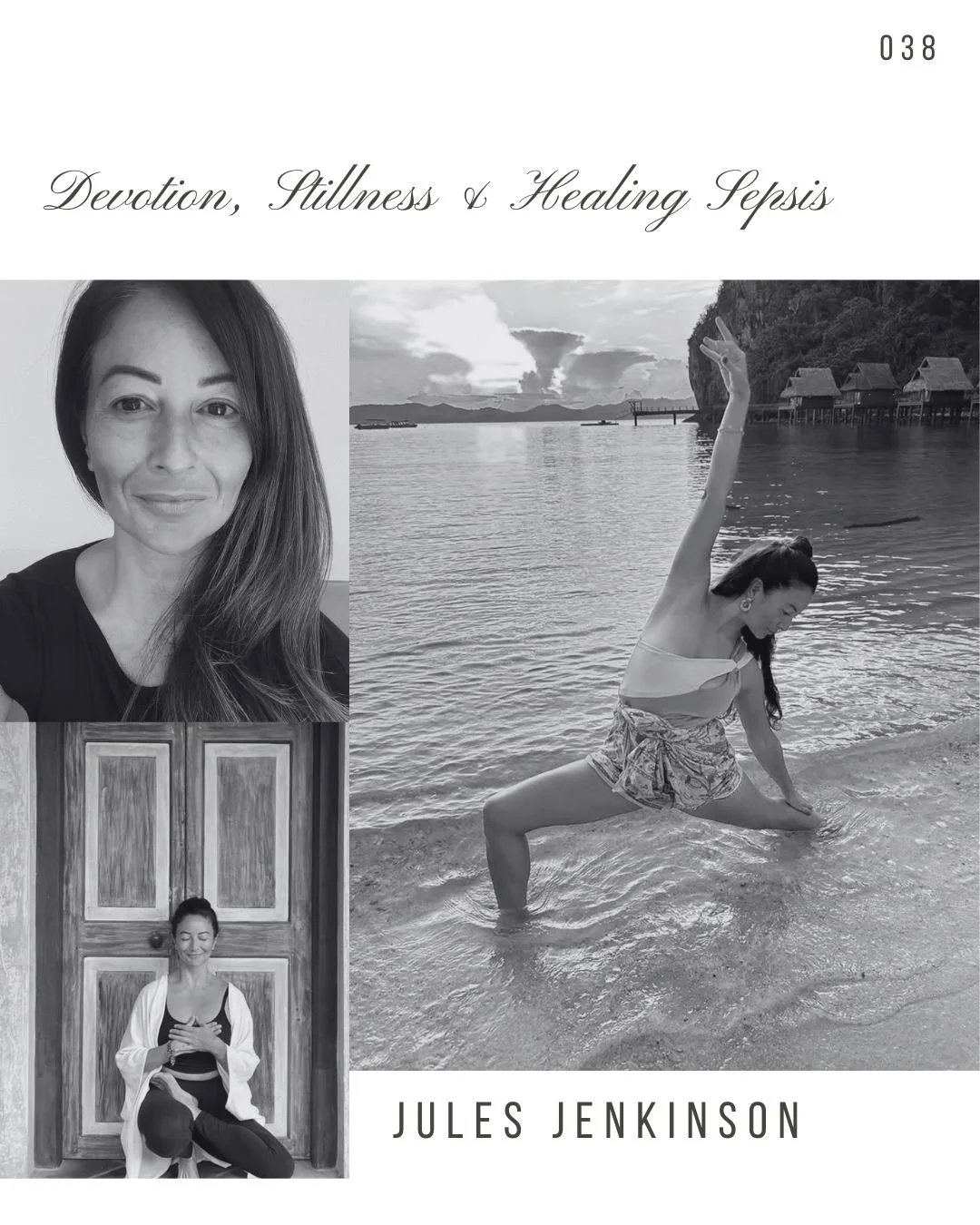 Book cover titled 'Devotion, Illness & Healing Sepsis' by Jules Jenkinson. Features black and white photographs of a woman and a scene of a woman yoga posing by a lake or ocean.