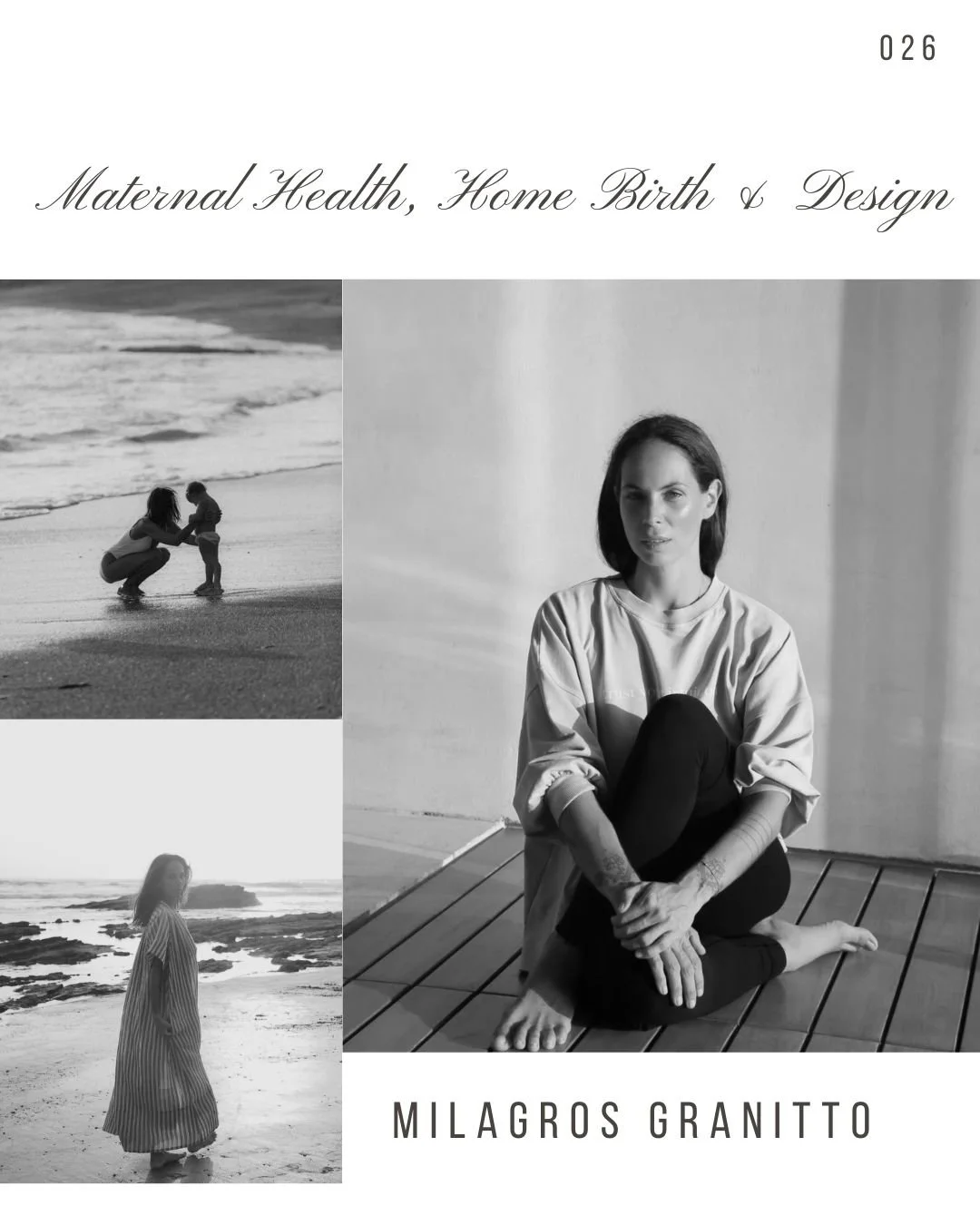 Book cover titled "Maternal Health, Home Birth & Design" by Milagros Granitto. The cover features black and white photos of a woman on the beach and indoors, sitting on a wooden floor.