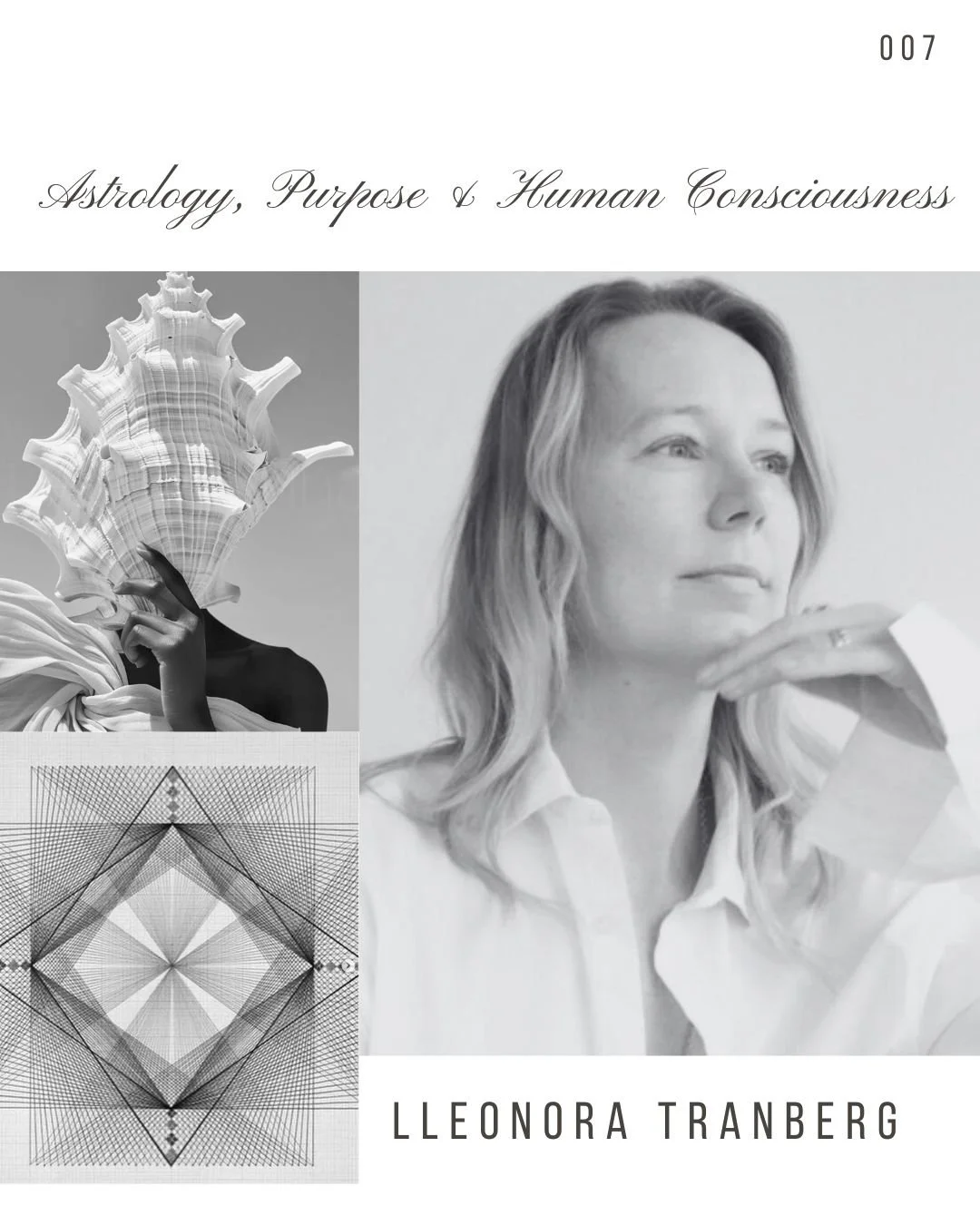 Book cover titled "Astrology, Purpose & Human Consciousness" by Lleonora Tranberg. The cover features a black-and-white photo of a woman with long wavy hair, gazing thoughtfully, with her hand resting near her chin. The cover includes geometric and a