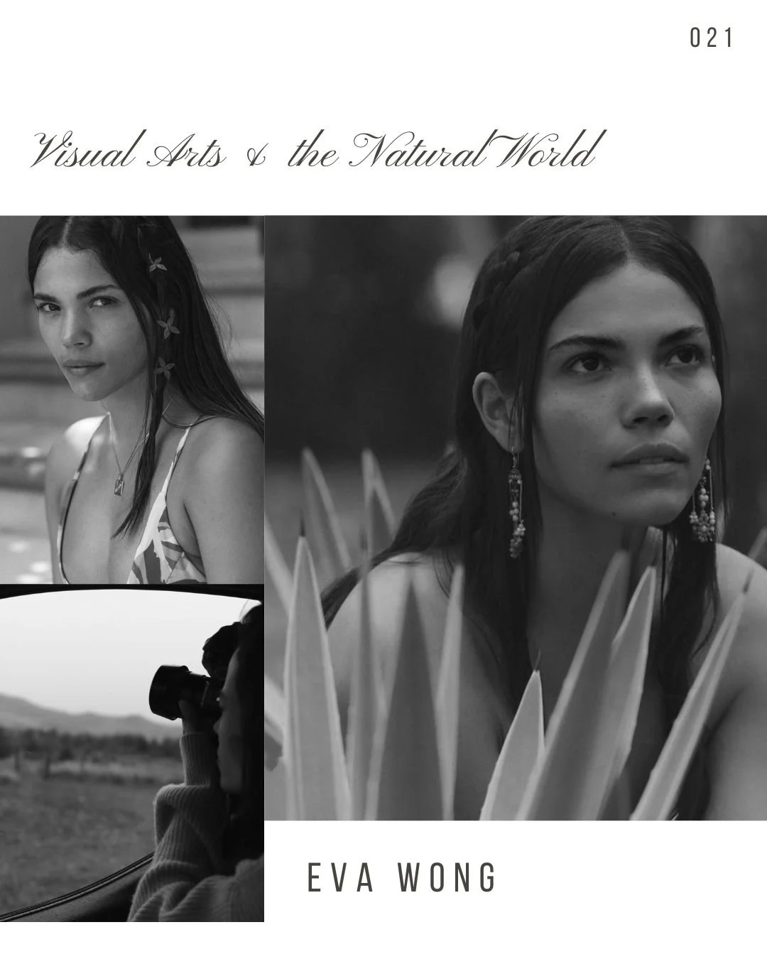 Book cover titled "Visual Arts & the Natural World" by Eva Wong, featuring black-and-white photographs of women, one looking directly at the camera and the other gazing into the distance with a camera, with a natural outdoor background.