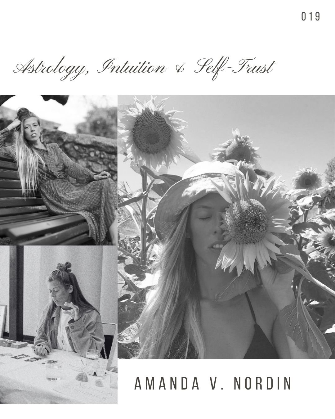 Cover of a book titled 'Astrology, Intuition & Self-Trust' by Amanda V. Nordin, featuring black-and-white photographs of a woman, including one of her with sunflowers and another of her sitting at a table playing a card game.