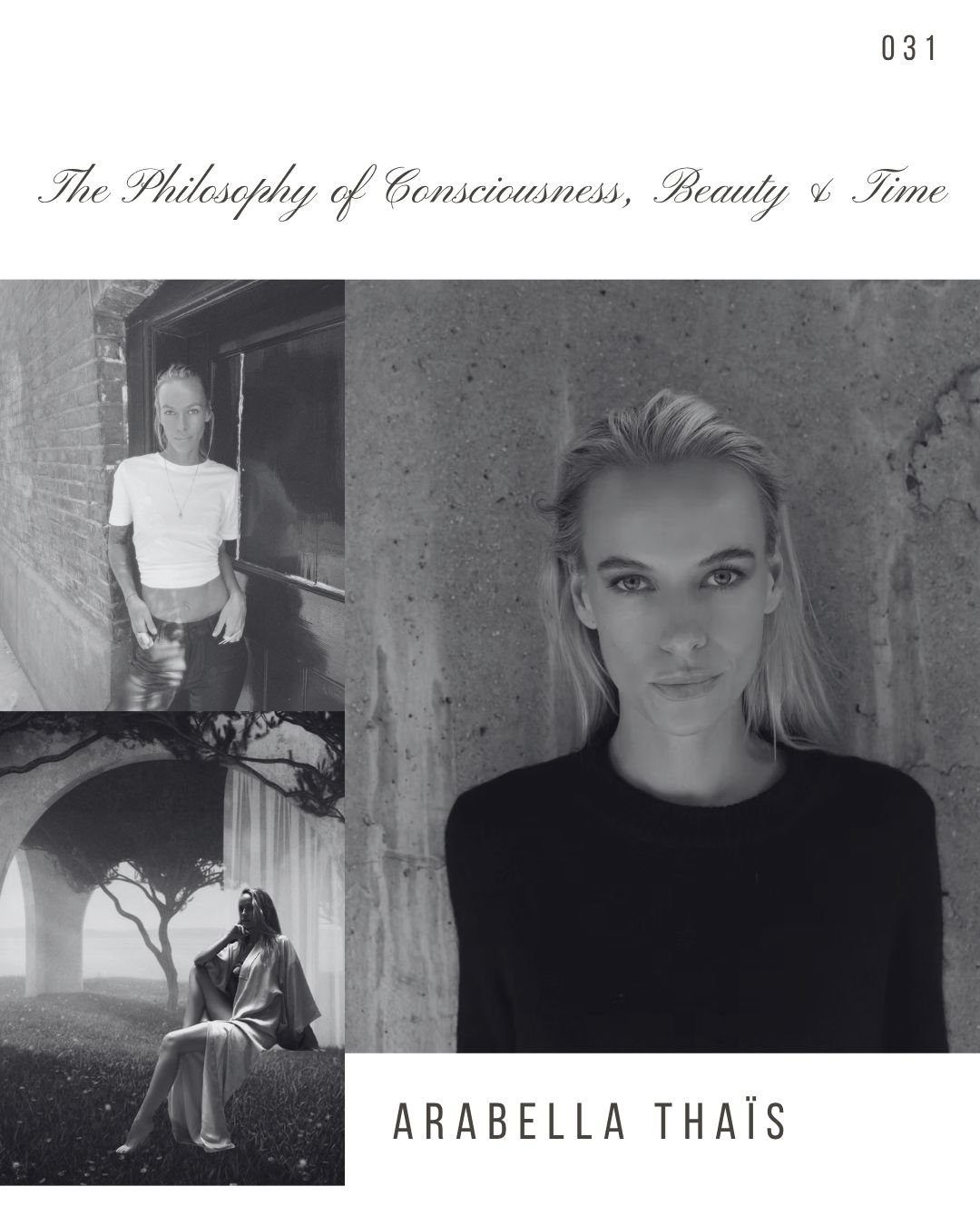 Cover page titled 'The Philosophy of Consciousness, Beauty & Time' featuring black and white photos of a woman in different poses against varied backgrounds, with the name 'Arabella Thais' at the bottom.