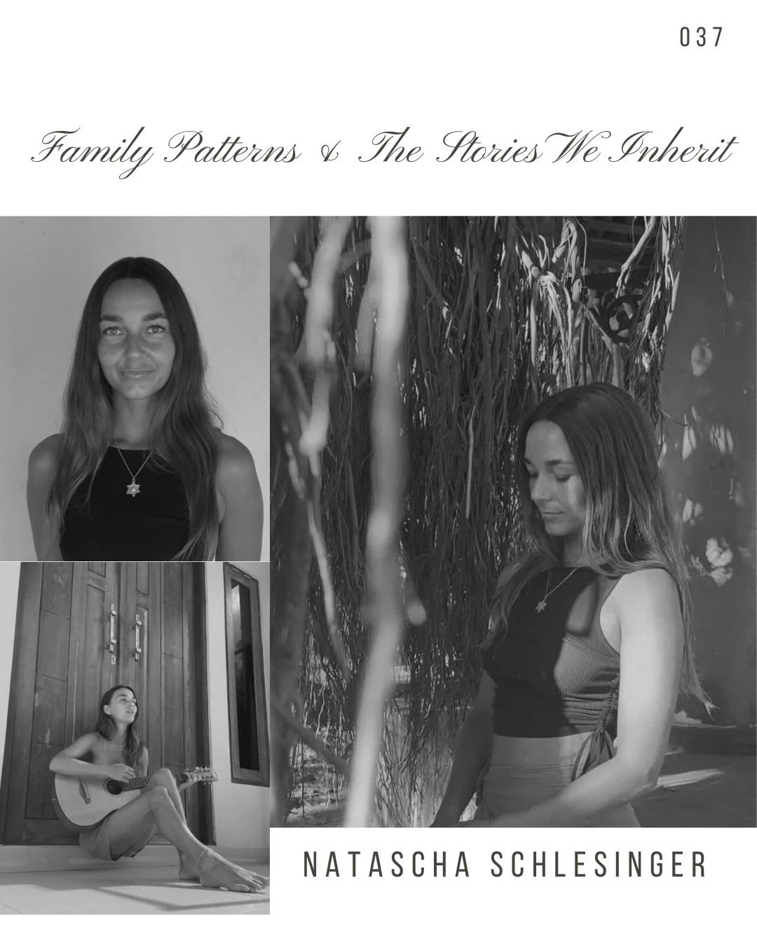 Book cover titled 'Family Patterns & The Stories We Inherit' featuring three black-and-white photos of a woman with long hair in different poses: one smiling directly at the camera, one with her eyes closed beside hanging plants, and one sitting on t