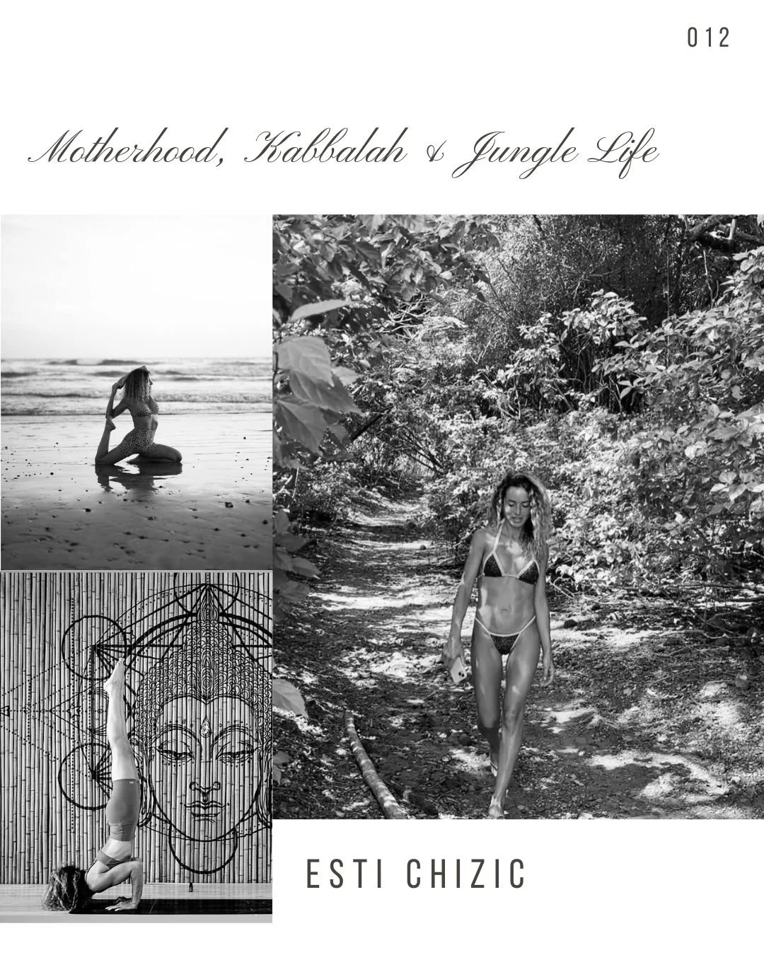 Book cover titled 'Motherhood, Kabbalah & Jungle Life' by Esti Chizic. It features black-and-white photographs of women in nature and yoga poses, with a graphic of a woman's face behind bamboo.