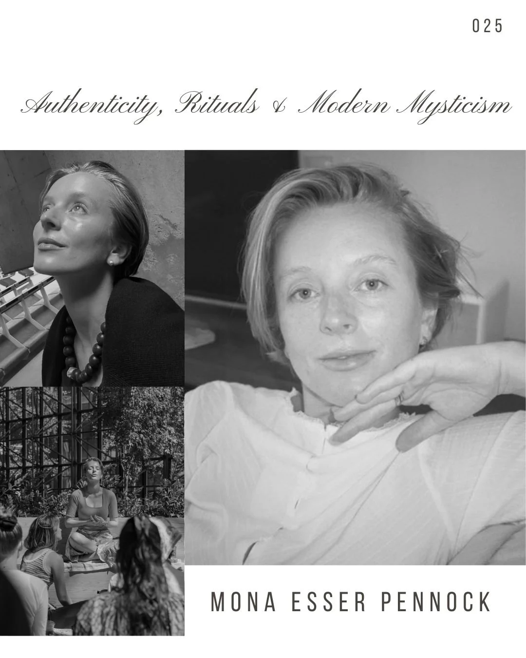 Book cover titled 'Authenticity, Rituals & Modern Mysticism' by Mona Esser Pennock. It features a collage of black and white photographs of women, including one woman looking upward, another resting her chin on her hand, and a group of women seated o