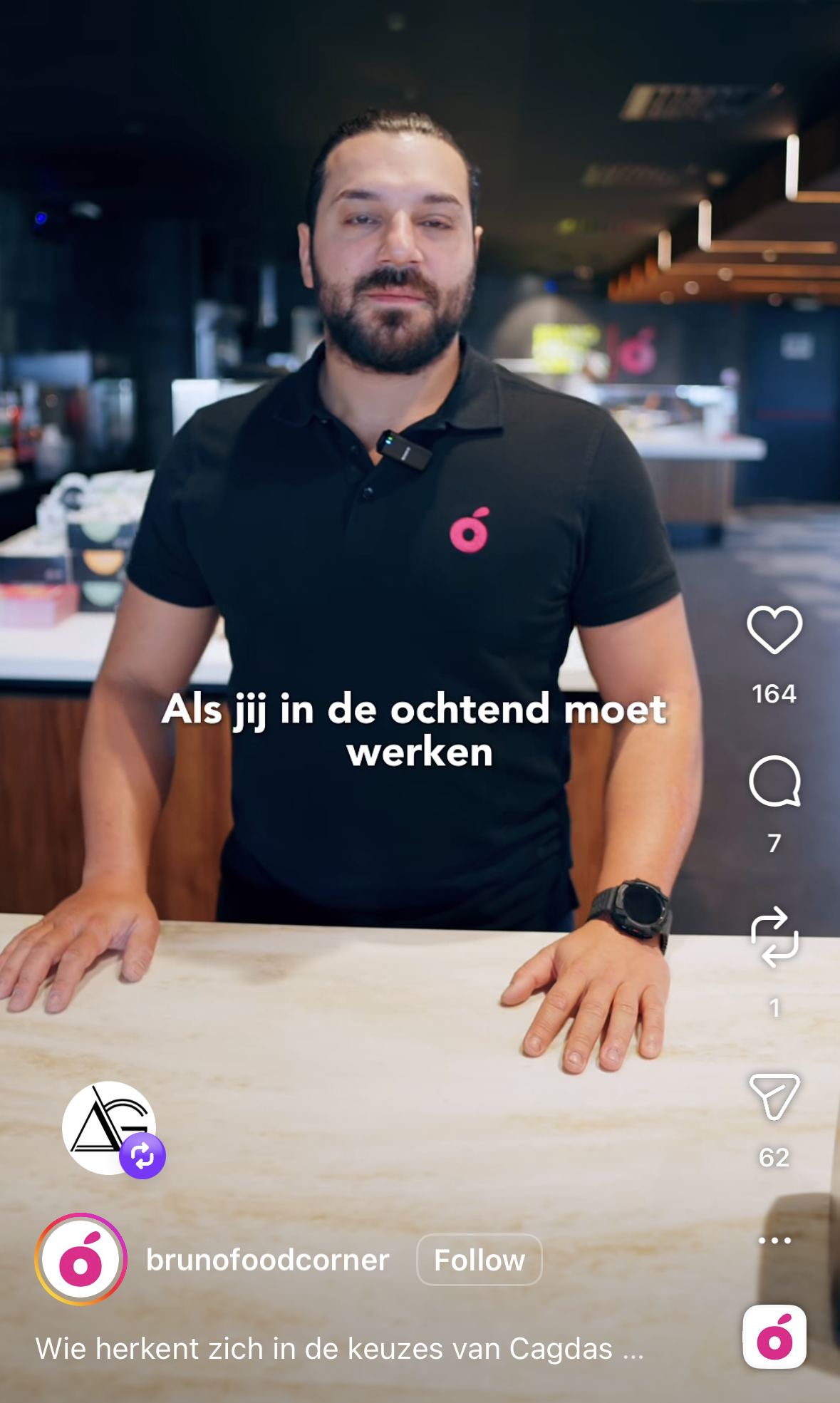 Social media video voor Bruno Foodcorner waarin medewerkers hun eetmomenten delen, gericht op authenticiteit en engagement.